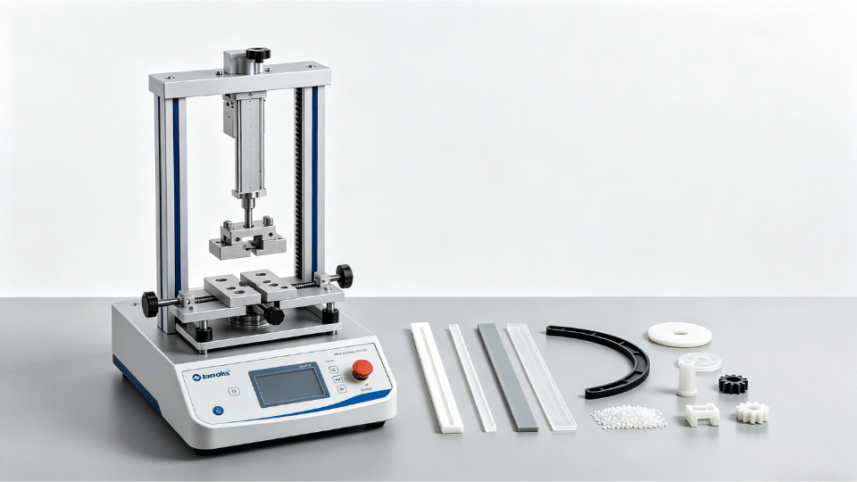 plastic datasheet and material pellets arranged on workbench for material comparison