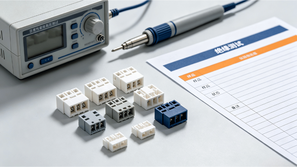 plastic datasheet and material pellets arranged on workbench for material comparison