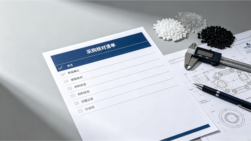 plastic datasheet and material pellets arranged on workbench for material comparison